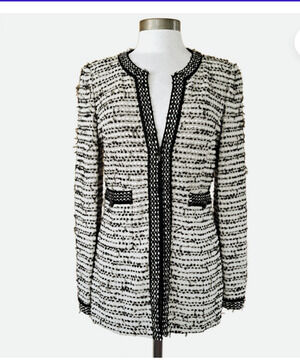 St John Knits Tweed Jacket 3/4 Sleeve Latte Bright White Size 10 NWT $1325